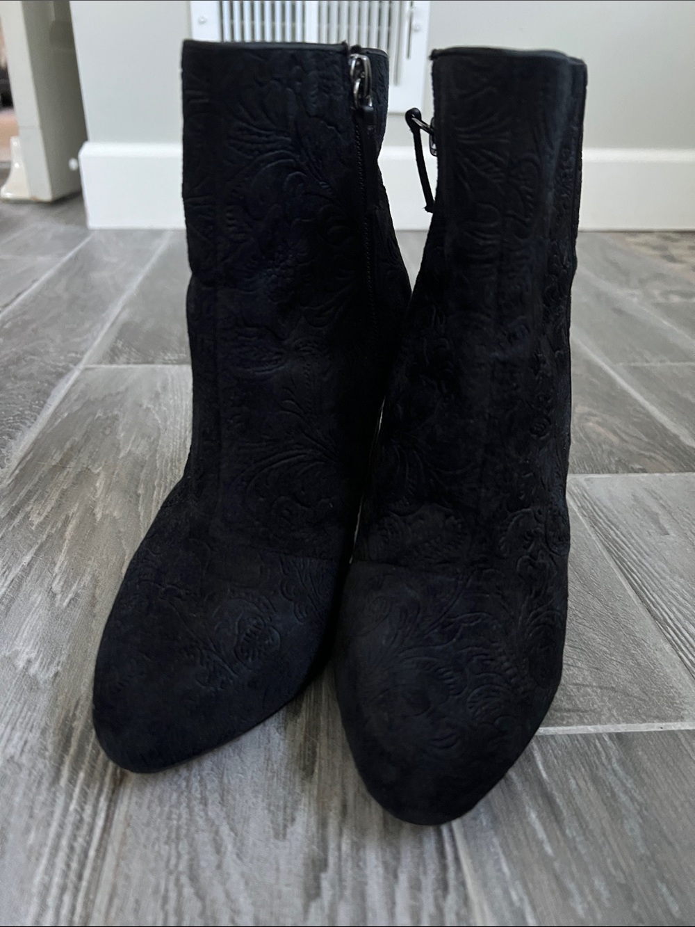 White House Black Market Black Velvet Embossed Ankle Booties